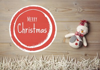 Poster - Merry Christmas text with snowman on wood