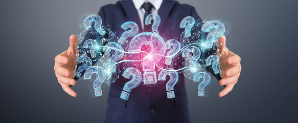 Fototapete - Businessman solving problem with digital question marks 3D rendering