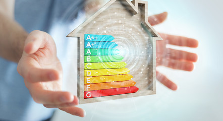 Wall Mural - businessman using 3d rendering energy rating chart in a wooden house