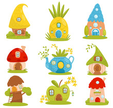 Cute Small Houses Set, Fairytale Fantasy House For Gnome, Dwarf Or Elf Vector Illustrations On A White Background