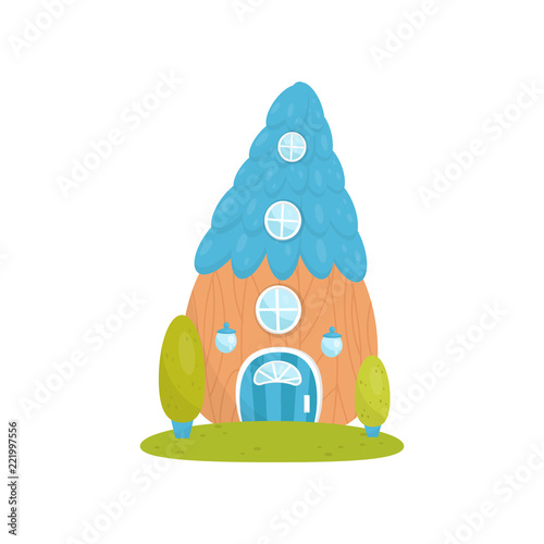 Fotografie, Obraz Cute small house with blue roof, fairytale fantasy house for gnome, dwarf or elf