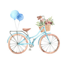 Hand Drawn Watercolor Illustration - Romantic Bike With Flower Basket In Pastel Colours. City Bicycle. Amsterdam. Perfect For Invitations, Greeting Cards, Posters, Prints