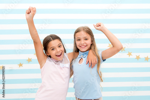 Friendship makes us rich. Kids schoolgirls preteens happy together ...