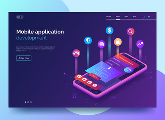 mobile app development vector illustration. isometric mobile phone with layout of application. user 