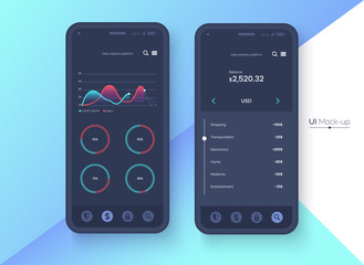Poster - Conceptual black mobile phone mock-up for app interface presentation. User interface design concept. Smartphone screen on colorful abstract background. Vector eps 10.