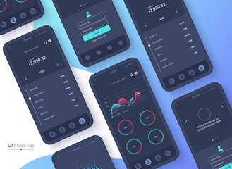 Poster - Conceptual black mobile phones for user interface, user experience presentation. Smartphone mock-up on blue gradient background. Mobile app design concept. Vector eps 10.