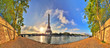 Beautiful 180 degree HDR panorama at sunrise in spring of the Eiffel tower at the river Seine in Paris, France