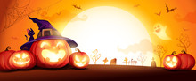 Halloween Pumpkin Patch In The Moonlight. Jack O Lantern Party. Horizontal Banner. 