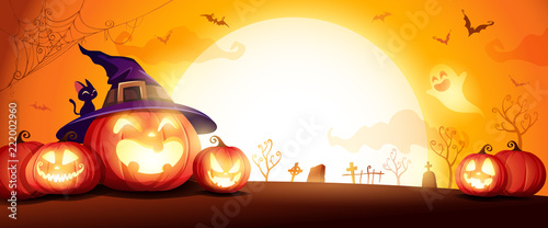 Halloween pumpkin patch in the moonlight Tableau sur Toile