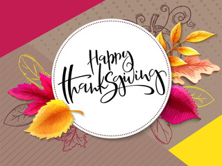 Wall Mural - Vector greeting thanksgiving banner with hand lettering label - happy thanksgiving - with bright autumn leaves and doodle pumpkin, leaves and feathers