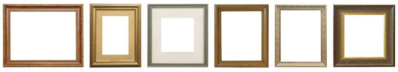 Set of isolated art empty frames in golden and silver color