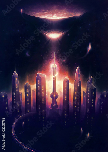 Fotomural Futuristic City in Space - a city on a distant planet