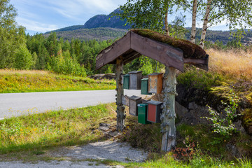 Colorful post boxes near the road under traditional wooden norwegian shed with green moss on the roof. Domestic countryside landscape, Telemark region, Southern Norway