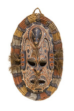 Mask Ritual From A Tree, Decorated With Paints On A White Background. Isolated Object