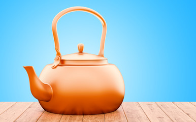 Poster - Big Copper Kettle on the wooden table. 3D rendering