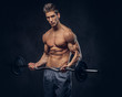 © Fxquadro - Handsome shirtless man with stylish hair and muscular ectomorph doing the exercises with the barbell.