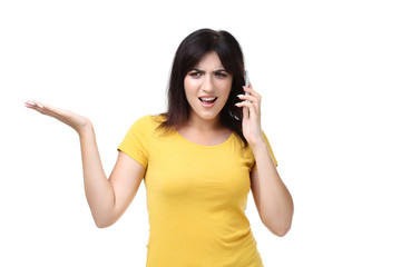 Young woman with smartphone on white background