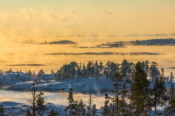  Lake Ladoga in the cold. Winter day. Open water.