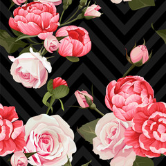 Peony and roses vector seamless pattern floral texture on a dark chevron backgrounds