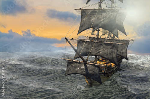 pirate ship sailing on the sea, 3D render