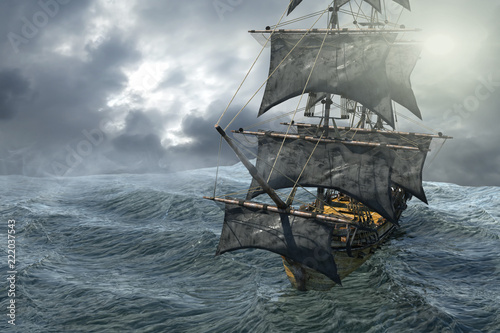 pirate ship sailing on the sea, 3D render