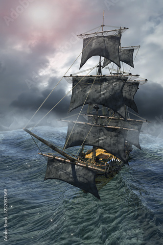 pirate ship sailing on the sea, 3D render
