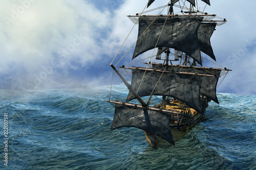 pirate ship sailing on the sea, 3D render
