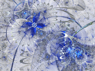 Wall Mural - blue fractal flowers, digital artwork for creative graphic design
