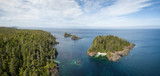 Fototapeta Do akwarium - Aerial panoramic landscape of a rocky coast during a vibrant summer day. Taken on the Northern Vancouver Island, British Columbia, Canada.