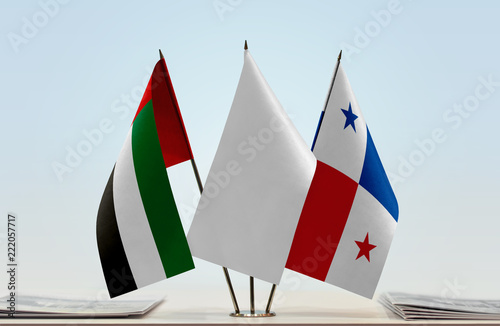 Fotografie, Obraz Flags of UAE and Panama with a white flag in the middle