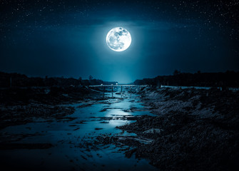 Wall Mural - landscape of night sky with many stars and bright full moon.