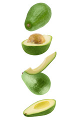 Wall Mural - Falling fresh avocado isolated on white background