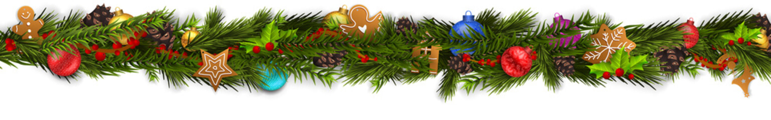 Wall Mural - christmas border (weihnachten girlande) with fir branches, pine cones, holly, and string lights. mer