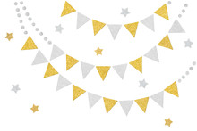 Gold And Silver Glitter Bunting Paper Cut On White Background - Isolated