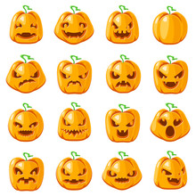 Decoration Halloween Jack O Lantern Pumpkin Scary Faces Smile Emoji Icons Set Isolated Cartoon Design Vector Illustration