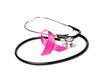 pink breast cancer awareness ribbon and stethoscope isolated on white