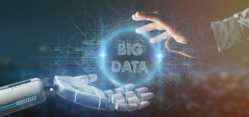 Poster - Cyborg hand holding a Big data title 3d rendering