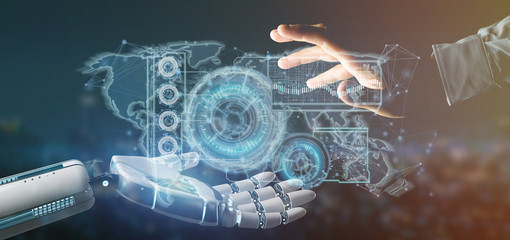 Poster - Cyborg hand holding a Technology interface 3d rendering