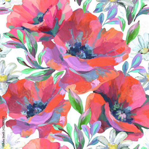 Fotomural Acrylic flowers and leaves seamless pattern.