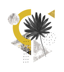 Wall Mural - Abstract summer geometric shapes, exotic leaf. Triangles filled with marble, grunge textures, doodles, watercolor fan palm leaf. Hand painted geometrical art illustration in modern minimal style