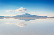 Miror effect and reflection of mountain in Salar de Uyuni (Uyuni salt flats), Potosi, Bolivia, South America