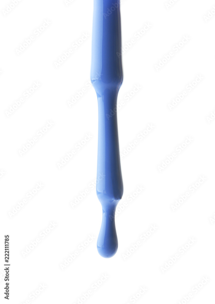 Brush with dripping nail polish on white background