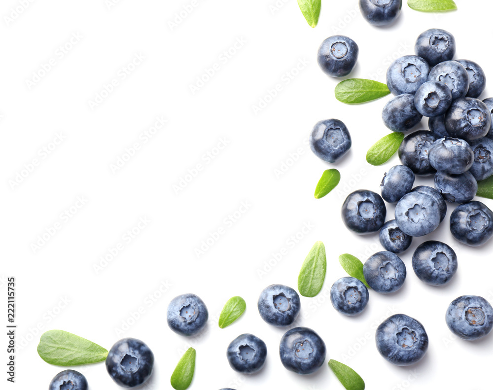 Ripe blueberries on white background