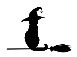 Silhouette of black cat in witch hat sitting on broomstick isola