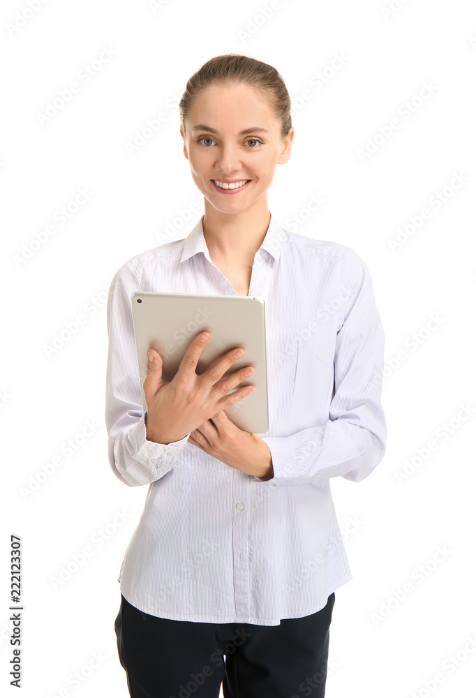 Beautiful businesswoman with tablet computer on white background