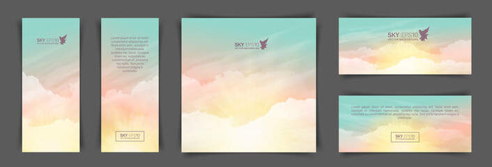 Wall Mural - a set of flyers with realistic turquoise-yellow sky and cumulus clouds. the image can be used to des