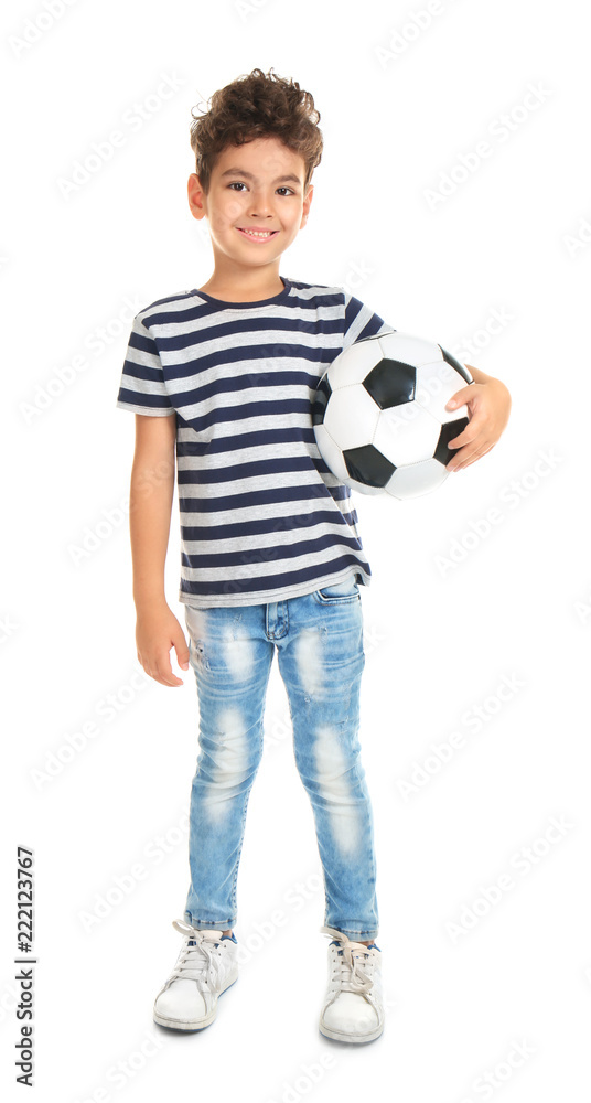 Playful little boy with soccer ball on white background