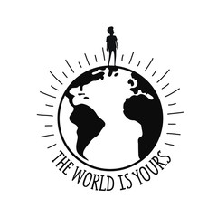 vector illustration with confident young man silhouette on the top of the earth planet. the world is