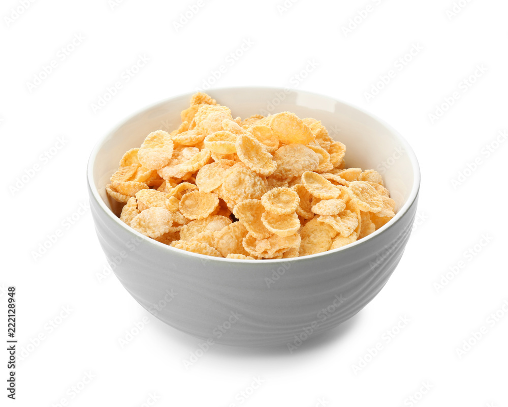 Bowl with healthy cornflakes on white background