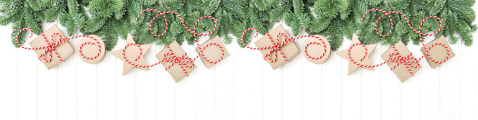christmas tree branches gift boxes holidays banner